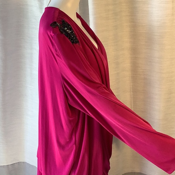 WHY Plus Size 21/22 Pink Beaded Shoulder Drop Waist Long Sleeve Evening Dress - Picture 7 of 12